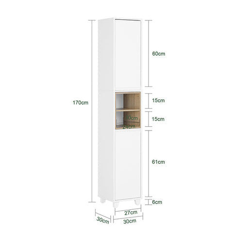 Rootz Tall Bathroom Cabinet - Narrow Storage Unit - Slim Cabinet - Adjustable Shelves - MDF, PB - 30x170x30cm