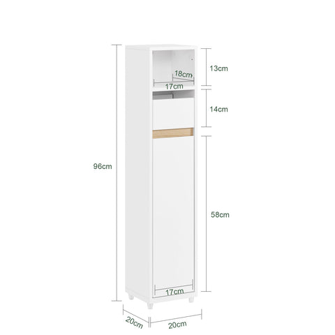 Rootz Compact Bathroom Cabinet - Storage Unit - Space-Saving Organizer - Adjustable Shelf & Drawer - 20 x 96 x 20 cm