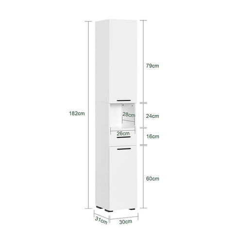 Rootz Tall Cabinet - Storage Organizer - Shelving Unit - Adjustable Shelves - 182cm x 30cm x 31cm