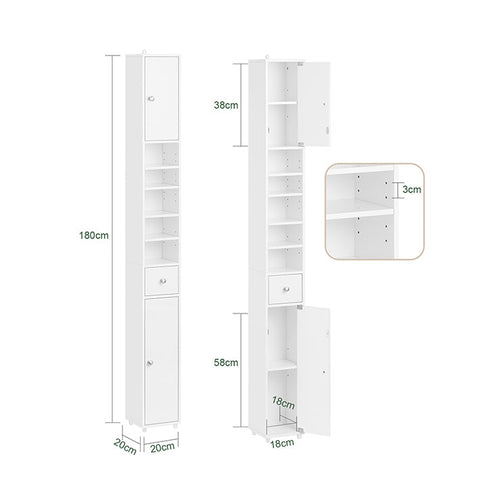 Rootz Tall Bathroom Cabinet - Storage Cupboard - Bathroom Organizer - Adjustable Shelves - 20x180x20cm - MDF E1 - High Gloss White