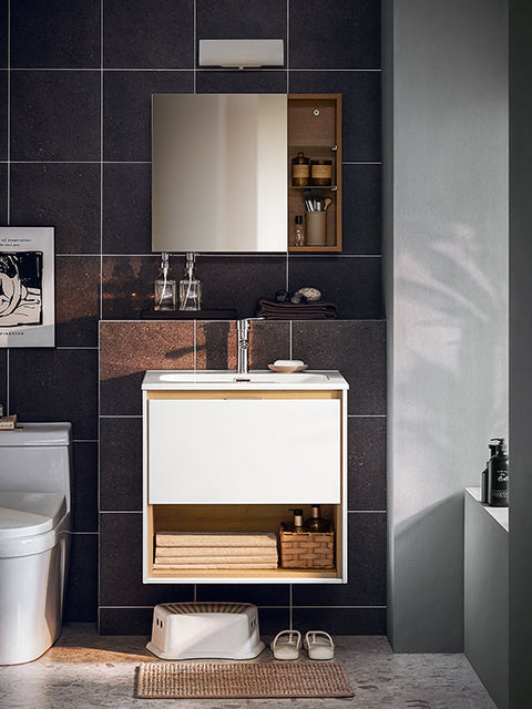 Rootz Narrow Sink Cabinet - Bathroom Vanity - Storage Unit - Space-Saving Design - 61x59x46cm with Basin 50x26x11cm