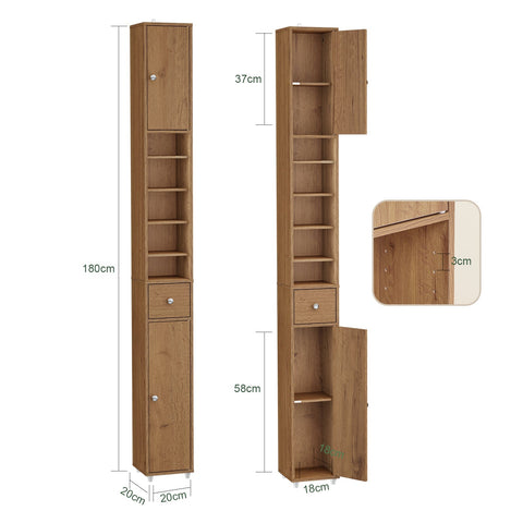 Rootz Tall Storage Cabinet - Space-Saving Cabinet - Slim Shelf Unit - Adjustable Shelves - Magnetic Lock - 20x180x20cm