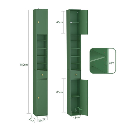 Rootz Narrow Bathroom Cabinet - Slim Tall Cabinet - Space-Saving Storage Unit - Water-Resistant - 20x180x20cm - Dark Green