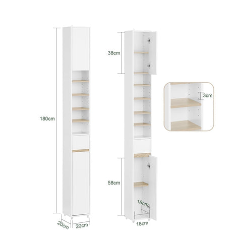 Rootz Tall Bathroom Cabinet - Storage Unit - Organizer - Versatile Storage - 20x180x20cm - MDF E1 Painted - Adjustable Shelves - Secure & Non-Slip