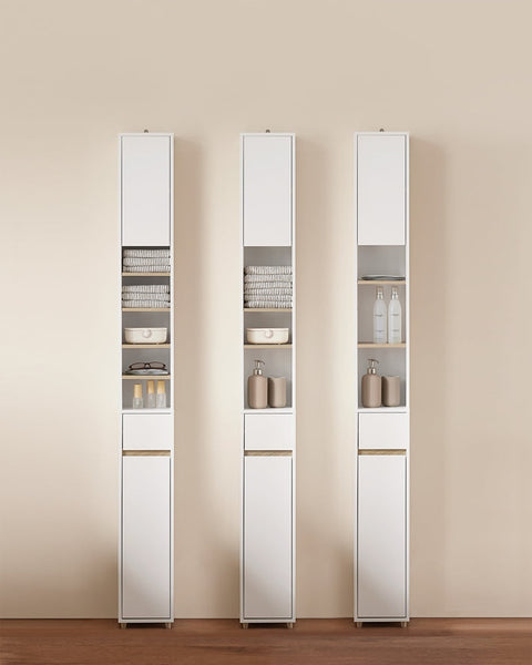 Rootz Tall Bathroom Cabinet - Storage Unit - Organizer - Versatile Storage - 20x180x20cm - MDF E1 Painted - Adjustable Shelves - Secure & Non-Slip
