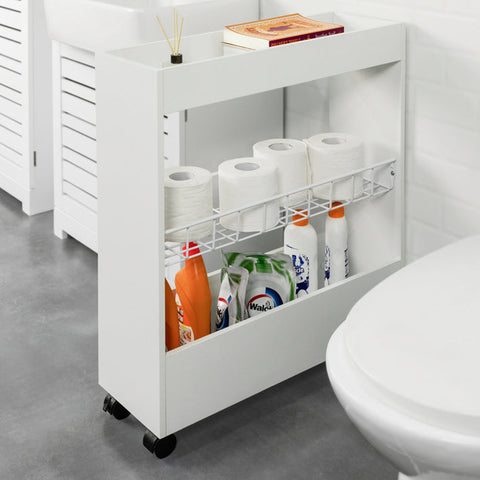 Rootz Slim Rolling Storage Cart - Niche Shelf - Kitchen Trolley - 3 Tier Organizer - Mobile with Locking Wheels - Ideal for Spices, Bath Essentials - 20cm x 70cm x 60cm - White