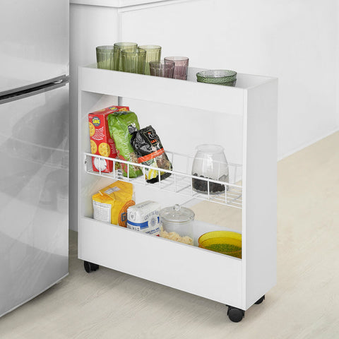 Rootz Slim Rolling Storage Cart - Niche Shelf - Kitchen Trolley - 3 Tier Organizer - Mobile with Locking Wheels - Ideal for Spices, Bath Essentials - 20cm x 70cm x 60cm - White