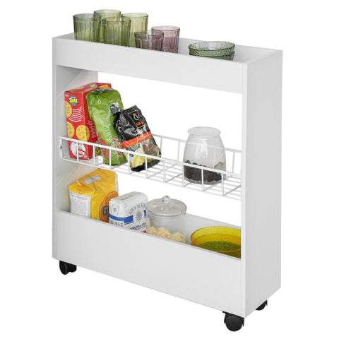Rootz Slim Rolling Storage Cart - Niche Shelf - Kitchen Trolley - 3 Tier Organizer - Mobile with Locking Wheels - Ideal for Spices, Bath Essentials - 20cm x 70cm x 60cm - White