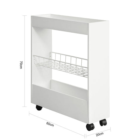 Rootz Slim Rolling Storage Cart - Niche Shelf - Kitchen Trolley - 3 Tier Organizer - Mobile with Locking Wheels - Ideal for Spices, Bath Essentials - 20cm x 70cm x 60cm - White