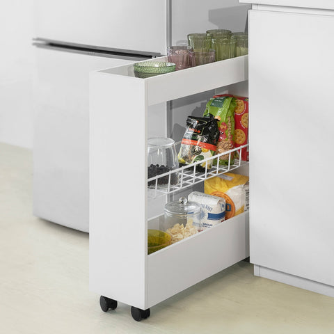Rootz Slim Rolling Storage Cart - Niche Shelf - Kitchen Trolley - 3 Tier Organizer - Mobile with Locking Wheels - Ideal for Spices, Bath Essentials - 20cm x 70cm x 60cm - White