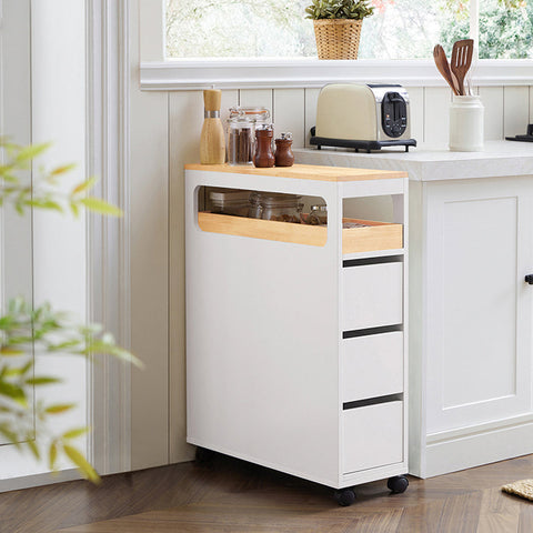 Rootz Niche Storage Trolley - Kitchen Shelf - Bathroom Organizer - MDF and Bamboo - Removable Tray - Mobile with Locking Brakes - 23cm x 82cm x 65cm