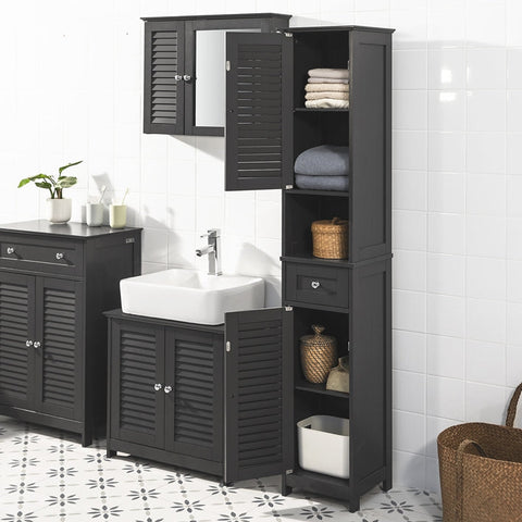Rootz Tall Bathroom Cabinet - Storage Tower - Bathroom Organizer - Air Circulating Slatted Doors - Mold Prevention - Ample Storage Space - 32cm x 170cm x 30cm