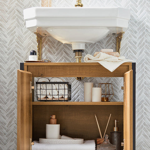 Rootz Sink Base Cabinet - Bathroom Cabinet - Washbasin Under-Sink Storage - Adjustable Feet - Siphon Cut-Out - Spacious Storage with 2 Doors and 1 Shelf - PB(E1) and Metal Frame - 60cm x 60cm x 30cm