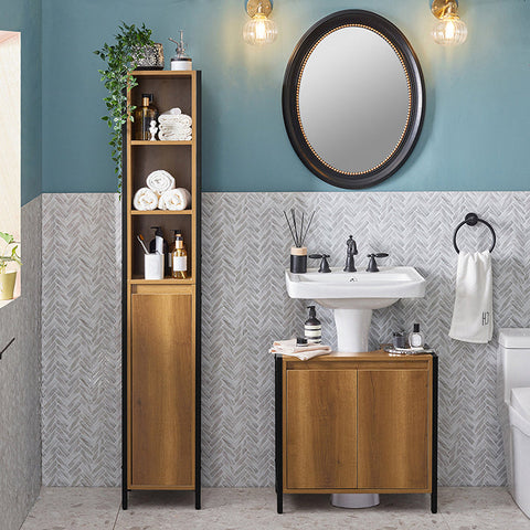 Rootz Sink Base Cabinet - Bathroom Cabinet - Washbasin Under-Sink Storage - Adjustable Feet - Siphon Cut-Out - Spacious Storage with 2 Doors and 1 Shelf - PB(E1) and Metal Frame - 60cm x 60cm x 30cm