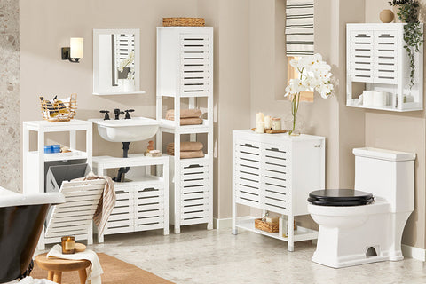 Rootz Waskast met Waszak - Wasverzamelaar - Wasmand - Luchtdoorlatende Lattendeuren - Vochtbescherming - Eenvoudige montage - Wit - 42cm x 90cm x 30cm