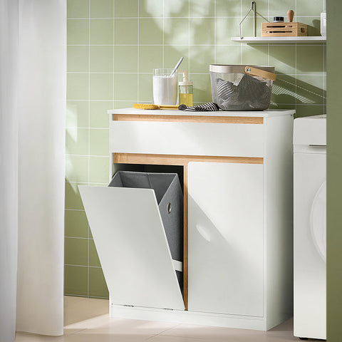 Rootz Laundry Cupboard with Laundry Bag - Laundry Collector - Bathroom Furniture - MDF and Rubber Wood - Tilt Protection - Flexible Storage - 71cm x 33cm x 85cm