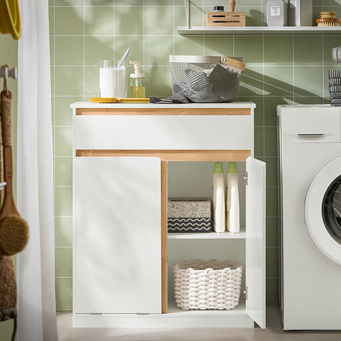 Rootz Laundry Cupboard with Laundry Bag - Laundry Collector - Bathroom Furniture - MDF and Rubber Wood - Tilt Protection - Flexible Storage - 71cm x 33cm x 85cm