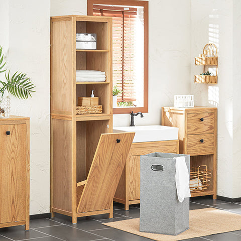 Rootz Narrow Bathroom Cabinet with Laundry Bag - Tall Storage Unit - Bathroom Shelf - Nature Finish - Ample Storage - Anti-Tip Safety Feature - Easy Assembly - 40cm x 172cm x 35cm