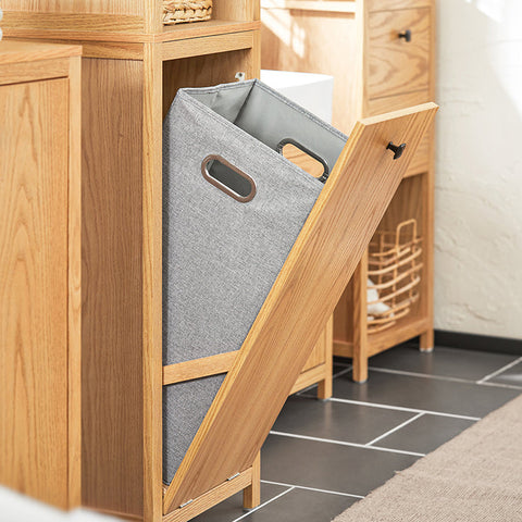 Rootz Narrow Bathroom Cabinet with Laundry Bag - Tall Storage Unit - Bathroom Shelf - Nature Finish - Ample Storage - Anti-Tip Safety Feature - Easy Assembly - 40cm x 172cm x 35cm