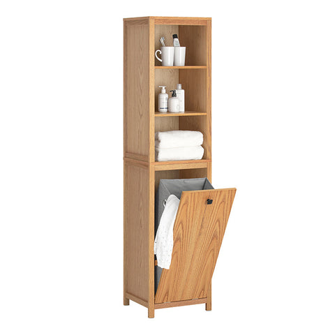 Rootz Narrow Bathroom Cabinet with Laundry Bag - Tall Storage Unit - Bathroom Shelf - Nature Finish - Ample Storage - Anti-Tip Safety Feature - Easy Assembly - 40cm x 172cm x 35cm