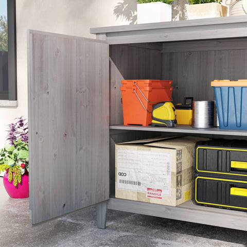 Rootz Wooden Garden Cabinet - Outdoor Storage Unit - Weatherproof Tool Shed - Barn Design -  Grey - 110cm x 60cm x 88.5cm