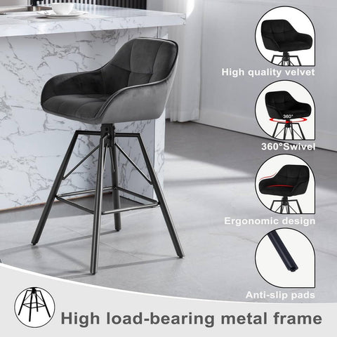 Rootz Velvet Bar Stool Set - Kitchen Stool - 360° Rotating - High Comfort - Ergonomic Design - Metal Construction - 51cm x 94.5cm x 53cm
