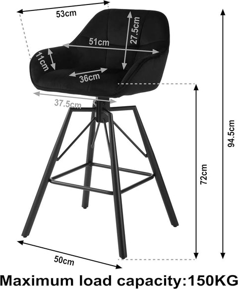 Rootz Velvet Bar Stool Set - Swivel Seat Chairs - High Comfort - Ergonomic Design - 51cm x 94.5cm x 53cm - Cream, Dark Gray, Black