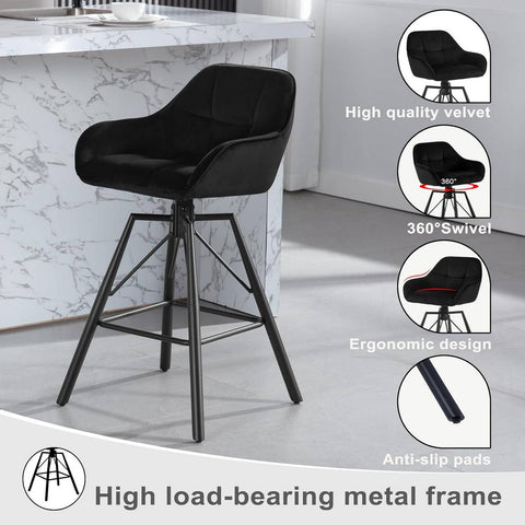 Rootz Velvet Bar Stools 2-Piece Set - Kitchen Stools - 360° Rotating Chairs - High Comfort - Ergonomic Design - 51cm x 94.5cm x 53cm
