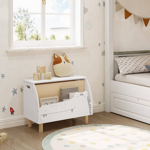 Rootz White Crocodile Toy Box - Storage Bench - Kids' Organizer - Safe with Slow-Closing Lid - Durable MDF Construction - Versatile with Extra Compartment - 60cm x 44cm x 30cm