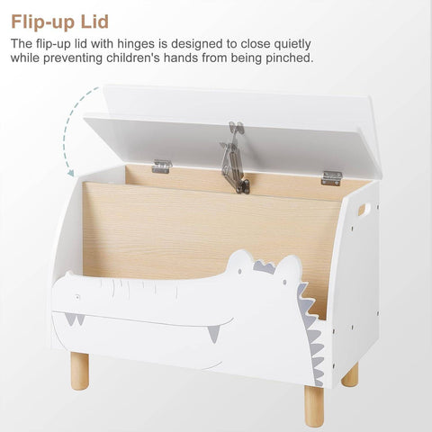 Rootz White Crocodile Toy Box - Storage Bench - Kids' Organizer - Safe with Slow-Closing Lid - Durable MDF Construction - Versatile with Extra Compartment - 60cm x 44cm x 30cm
