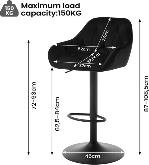 Rootz Bar Stool - Counter Chair - Swivel Stool - Dark Grey/Black - Adjustable Height - Metal Base - Tufted Design - Comfortable Seating