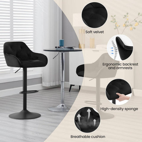 Rootz Bar Stool - Counter Chair - Swivel Stool - Dark Grey/Black - Adjustable Height - Metal Base - Tufted Design - Comfortable Seating