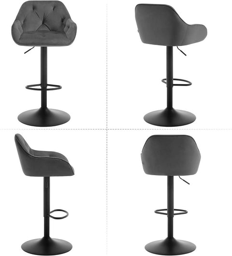 Rootz Bar Stool - Counter Stool - Swivel Stool - Breathable Velvet - Height Adjustable - 62.5-84cm - Dark Gray/Black - 37cm x 37.5cm