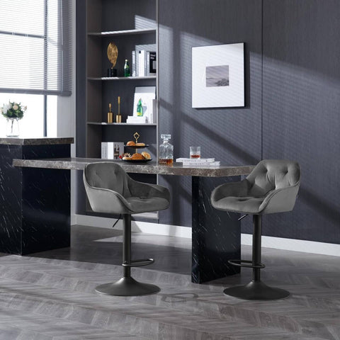 Rootz Velvet Bar Stool - Counter Chair - Rotatable Stool - Height Adjustable - Stable Metal Frame - Elegant Design - Dark Gray/Black - 37cm x 37.5cm x 84cm