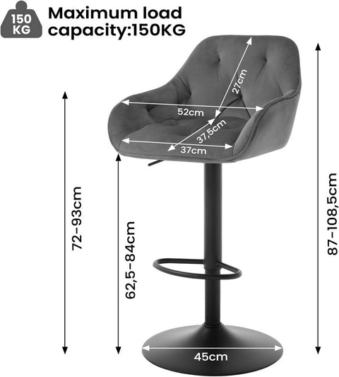 Rootz Velvet Bar Stool - Counter Chair - Rotatable Stool - Height Adjustable - Stable Metal Frame - Elegant Design - Dark Gray/Black - 37cm x 37.5cm x 84cm