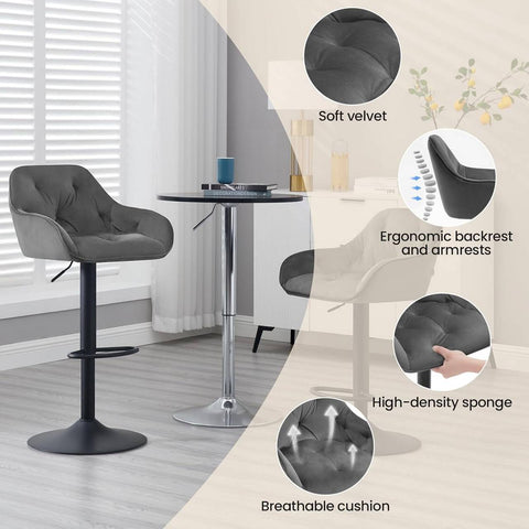 Rootz Ergonomic Adjustable Bar Stool - Comfortable Velvet Seat - Swivel Counter Chair - Stable Metal Base - Modern Design - Dark Gray/Black - 37cm x 37.5cm x 84cm