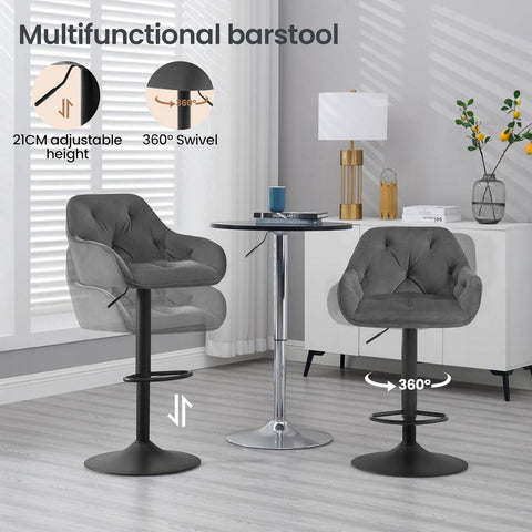 Rootz Ergonomic Adjustable Bar Stool - Comfortable Velvet Seat - Swivel Counter Chair - Stable Metal Base - Modern Design - Dark Gray/Black - 37cm x 37.5cm x 84cm
