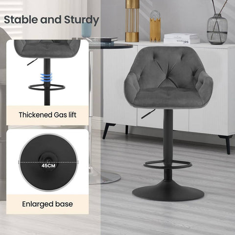 Rootz Velvet Bar Stool - Counter Chair - Rotatable Stool - Height Adjustable - Stable Metal Frame - Elegant Design - Dark Gray/Black - 37cm x 37.5cm x 84cm