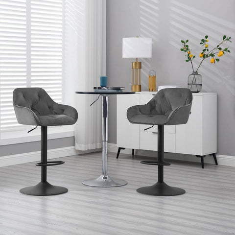 Rootz Ergonomic Adjustable Bar Stool - Comfortable Velvet Seat - Swivel Counter Chair - Stable Metal Base - Modern Design - Dark Gray/Black - 37cm x 37.5cm x 84cm