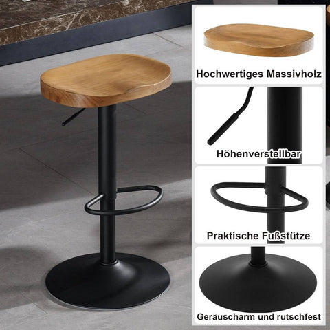 Rootz Wooden Bar Stool Set - Swivel Stools - Kitchen Island Chairs - Pine Wood - Rotatable Seat - Height Adjustable - 41.5cm x (60-81cm) x 31.5cm