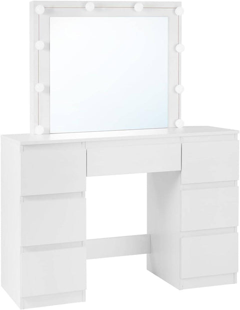 Rootz White Dressing Table - Vanity Desk - Makeup Table - Adjustable LED Lighting - Ample Storage - Durable Design - 110cm x 140.5cm x 39.5cm