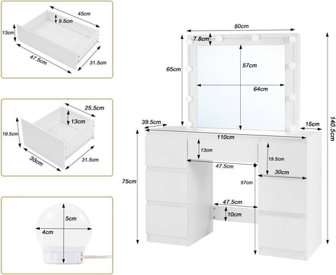 Rootz White Dressing Table - Vanity Desk - Makeup Table - Adjustable LED Lighting - Ample Storage - Durable Design - 110cm x 140.5cm x 39.5cm