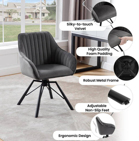 Rootz Rotating Dining Room Chair - Swivel Chair - Velvet Seat - 360-Degree Rotation, Comfortable & Sturdy - 58cm x 83.5cm x 53.5cm