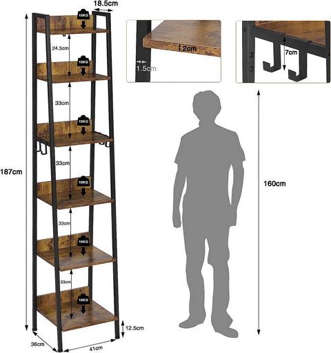 Rootz Industrial Style Storage Rack - Shelving Unit - Display Shelf - Durable MDF and Metal - Versatile, Elegant, Safe - 41cm x 187cm x 36cm