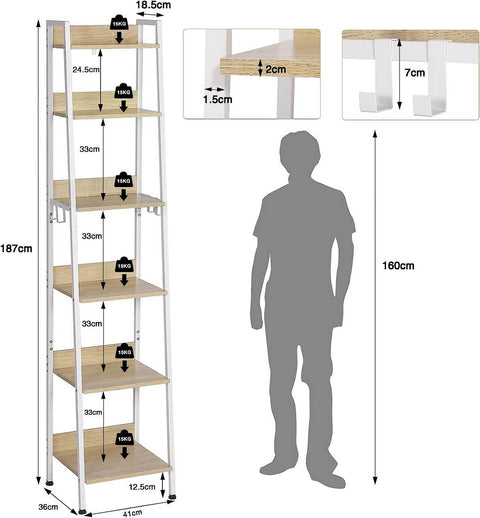 Rootz Industrial Style Storage Shelf - Bookshelf - Display Rack - Elegant & Durable - Multifunctional & Versatile - Anti-Tip Design - 41cm x 187cm x 36cm