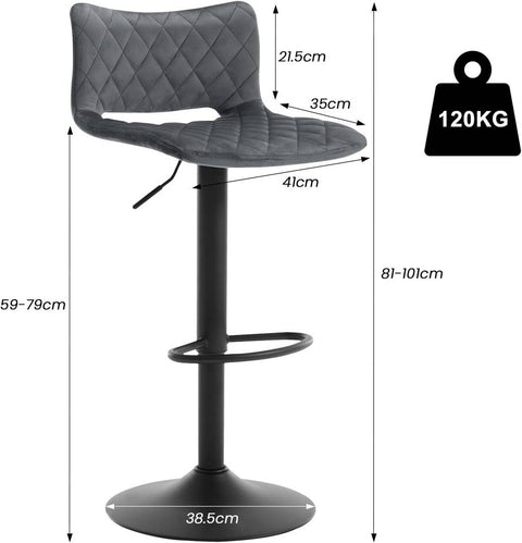 Rootz Velvet Bar Stools Set of 4 - Swivel Chair - Height Adjustable - Skin-Friendly Cover - 41cm x 35cm Seat - Black/Grey - Modern Design
