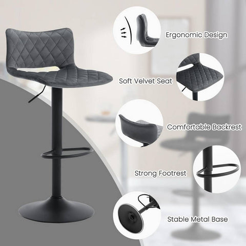 Rootz Velvet Bar Stool - Swivel Counter Chair - Adjustable Height Stool - Skin-Friendly Seat - Ergonomic Design - 41cm x 21.5cm x 59-79cm