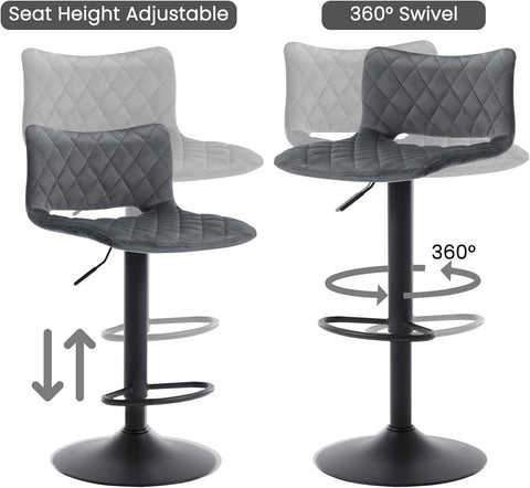 Rootz Velvet Bar Stools Set of 4 - Swivel Chair - Height Adjustable - Skin-Friendly Cover - 41cm x 35cm Seat - Black/Grey - Modern Design