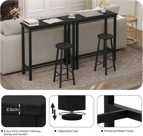 Rootz Bar Table - Dining Table - High Table - Water-Repellent MDF - 100x40x100cm - Black - Stability with Iron Frame for Small Spaces