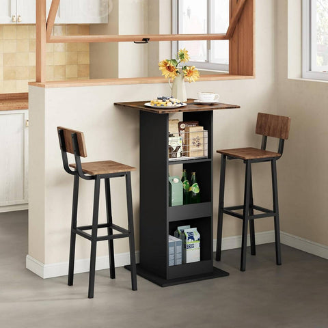 Rootz Bart Table - Bar Table - Dining Table - Space-Saving Design - 112cm Height - Brown, Black - 60cm x 60cm - 3 Storage Shelves